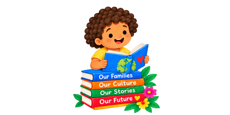 Smiling child reading a blue book above colorful books labeled Our Families, Our Culture, Our Stories, and Our Future.